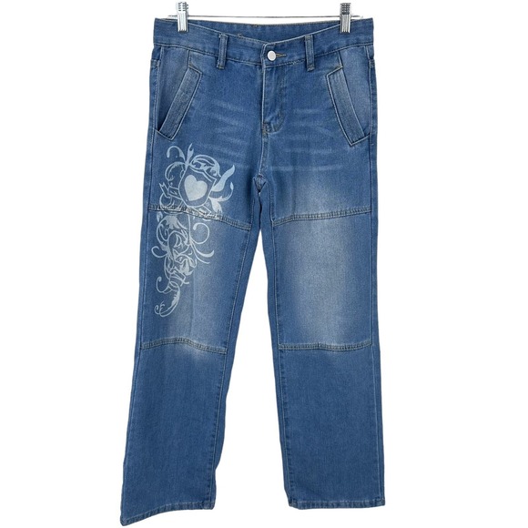 Unbranded Denim - Womens Denim Jeans Size M Embellished Heart Tribal Design Straight Leg Whiskered